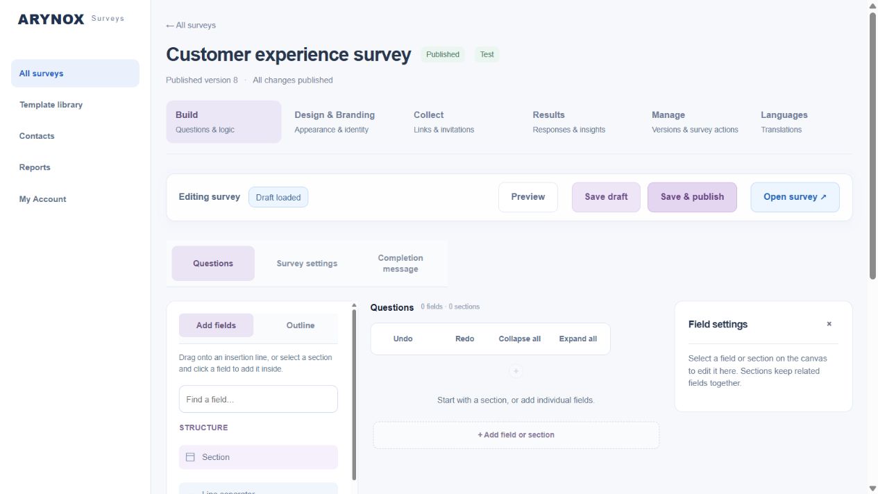 Survey workspace showing Build, the question palette and shared save toolbar