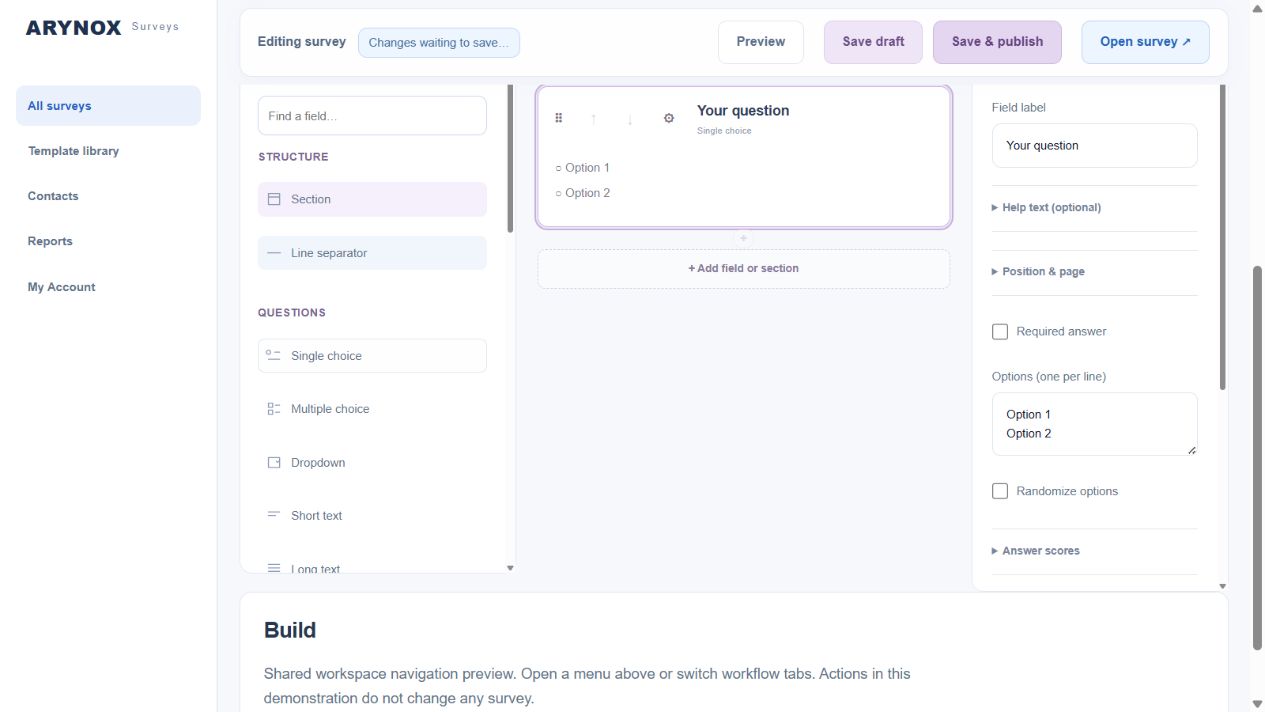 Selected single-choice question with settings on the right