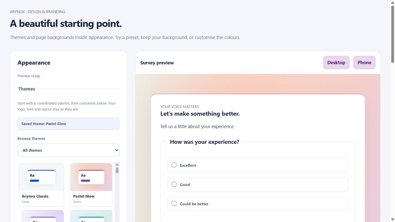 Theme gallery with a coordinated page background and respondent preview