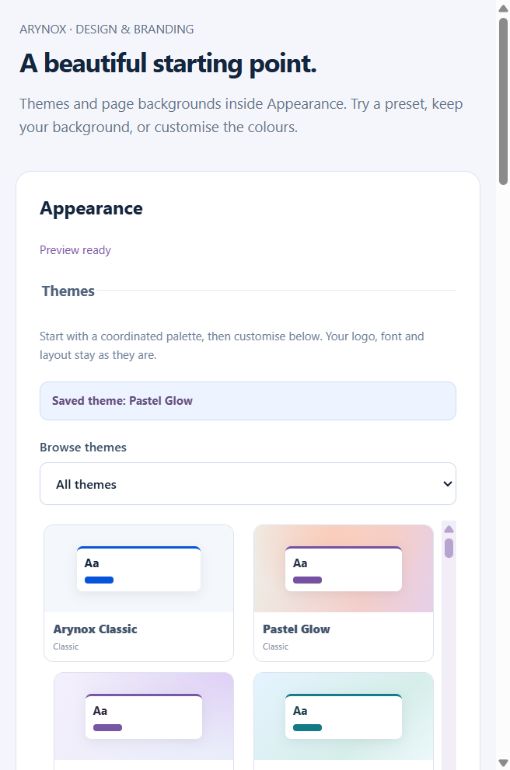 The Arynox appearance preview with theme categories and colour choices