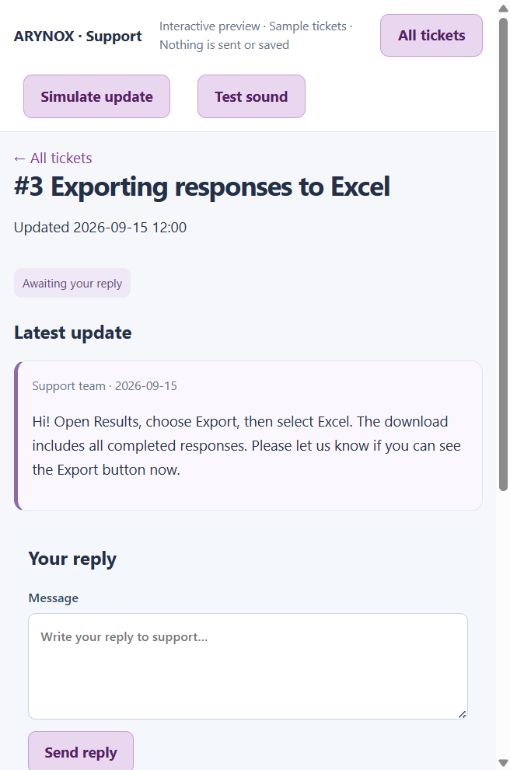 A demonstration Arynox support ticket showing the newest reply and reply box